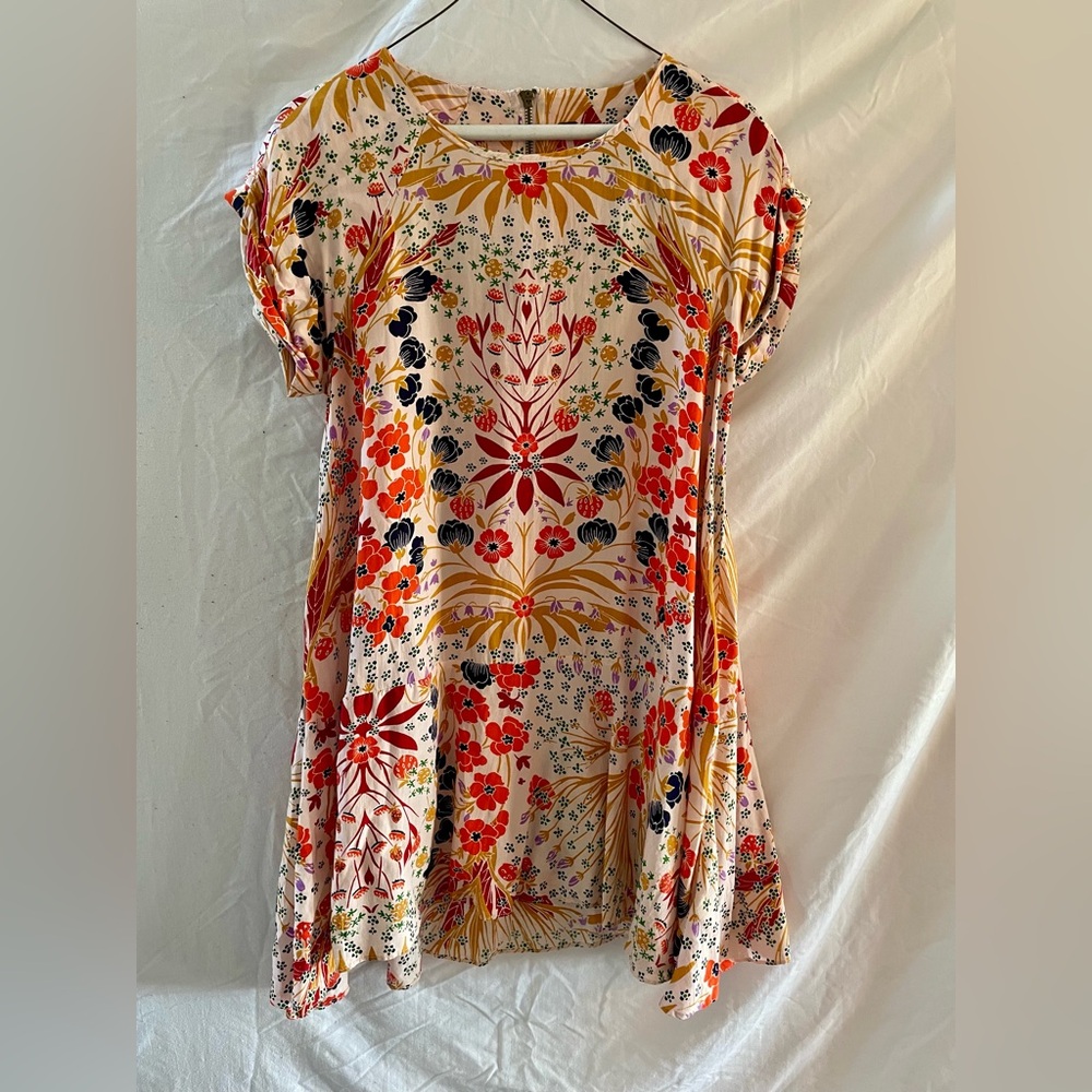 Free People Floral Short-Sleeve Swing Dress in Blush, Red, Navy